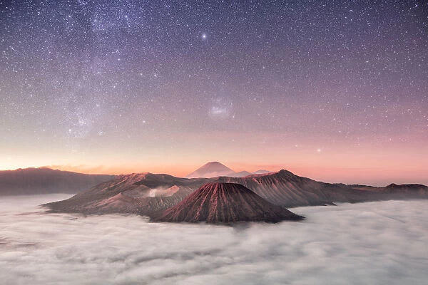 Bromo, Batok and Semeru volcanoes at sunrise, East Java island, Indonesia