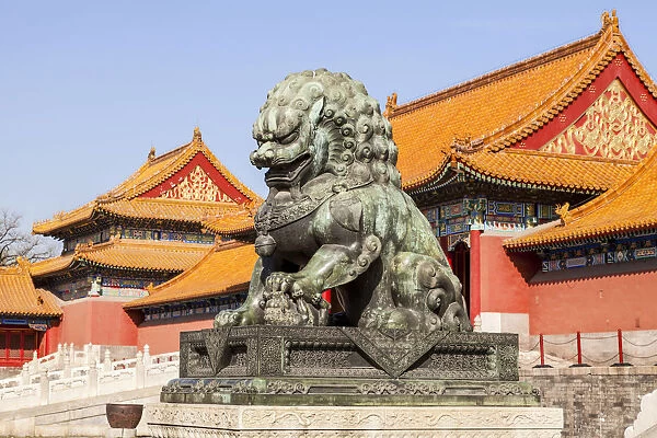 A bronze lioness guarding the eastern approach to the Gate of Supreme Harmony in the Forbidden City, Beijing, China