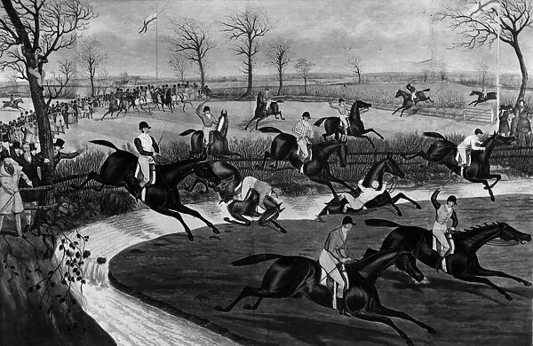 The Brook. 1839: Horses and jockeys falling at The Brook during the second