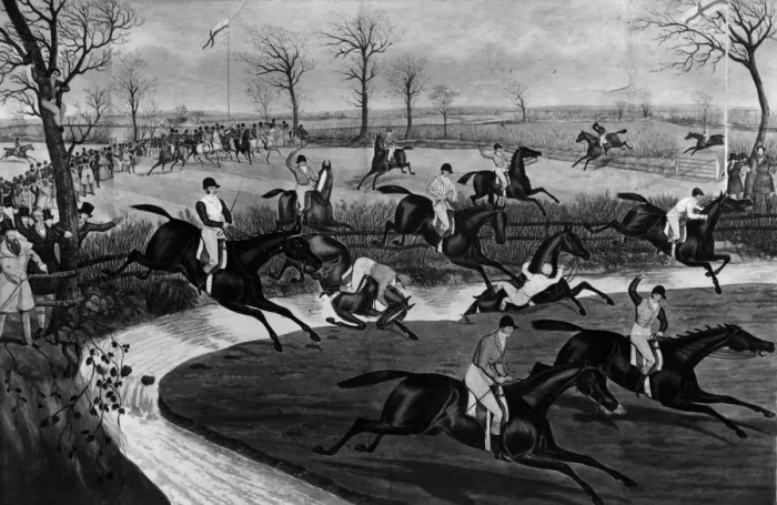 Framed Print : The Brook. 1839: Horses and jockeys falling at The Brook during the second Framed Print : The Brook. 1839: Horses and jockeys falling at The Brook during the second