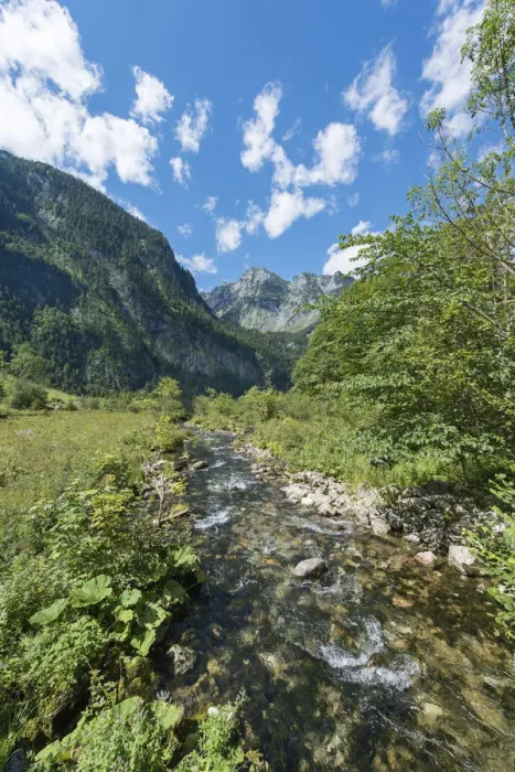 Framed Print : Brook in front of the Watzmann massif, St. Bartholoma in Konigssee, Berchtesgaden National Park, Berchtesgadener Land district, Upper Bavaria, Bavaria, German