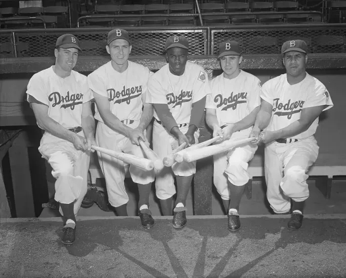 Framed Print : Five Brooklyn Dodgers Posing with Bats Together Framed Print : Five Brooklyn Dodgers Posing with Bats Together