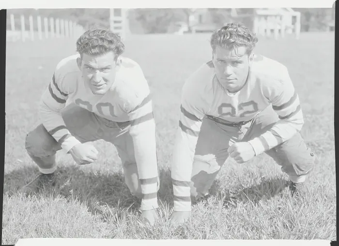 Framed Print : Brothers James and Burt Hammers in Tackle Position Framed Print : Brothers James and Burt Hammers in Tackle Position