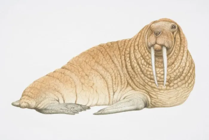 Framed Print : Brown walrus (Odobenus rosmarus) with two large tusks, looking ahead Framed Print : Brown walrus (Odobenus rosmarus) with two large tusks, looking ahead