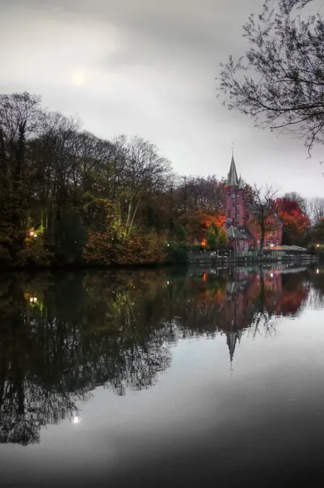 Framed Print : Bruges autumn evening mirror canal reflections Framed Print : Bruges autumn evening mirror canal reflections