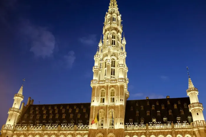 Framed Print : Brussels Town Hall at Grand Place illuminated at night Framed Print : Brussels Town Hall at Grand Place illuminated at night