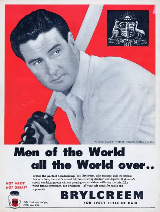 Framed Print : Brylcreem. 1956: Advertisement for Brylcreem featuring Australian test Framed Print : Brylcreem. 1956: Advertisement for Brylcreem featuring Australian test