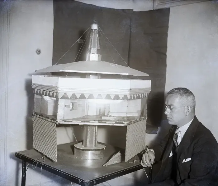 Framed Print : Buckminster Fuller with Dymaxion House Framed Print : Buckminster Fuller with Dymaxion House