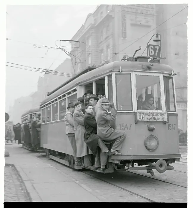Framed Print : Budapest Workers Clinging on to Tram 1955 Framed Print : Budapest Workers Clinging on to Tram 1955