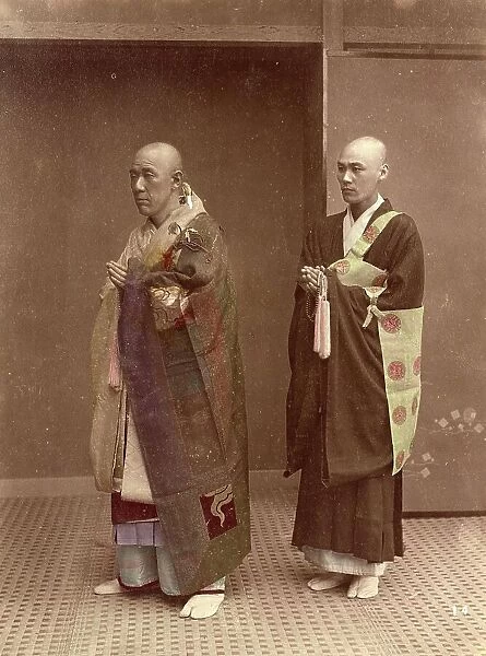 Two Buddhist monks on their way to the monastery, Buddhism, priest, c. 1870, Japan, Historic, digitally restored reproduction from an original of the time
