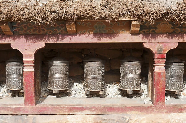 Buddhist prayer wheels, Kagbeni Gompa monastery, Lower Mustang, Nepal, Asia