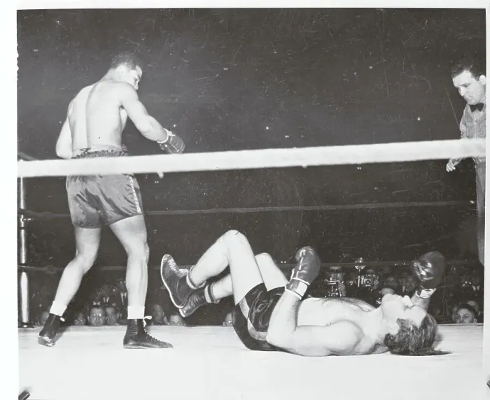 Framed Print : Buddy Baer on Turf Beneath Joe Louis Framed Print : Buddy Baer on Turf Beneath Joe Louis