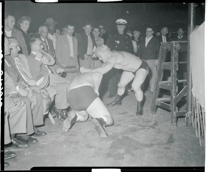Framed Print : Buddy Rosen Wrestling Against Frank Roberts Framed Print : Buddy Rosen Wrestling Against Frank Roberts