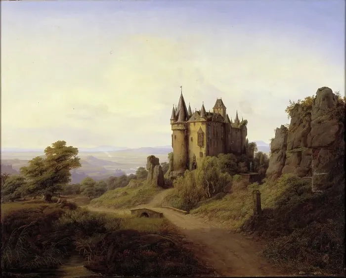 Framed Print : Buerresheim Castle is a castle in the Eifel, Rhineland-Palatinate, Germany, dating from the High Middle Ages and converted into a prestigious residence in the Baroque period, painting by F Framed Print : Buerresheim Castle is a castle in the Eifel, Rhineland-Palatinate, Germany, dating from the High Middle Ages and converted into a prestigious residence in the Baroque period, painting by F