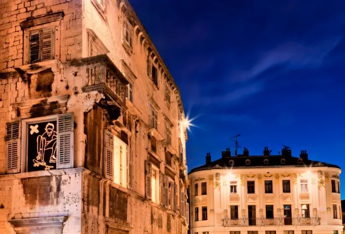 Framed Print : Building. Skateboarding poster marks old building of Diocletians palace Framed Print : Building. Skateboarding poster marks old building of Diocletians palace