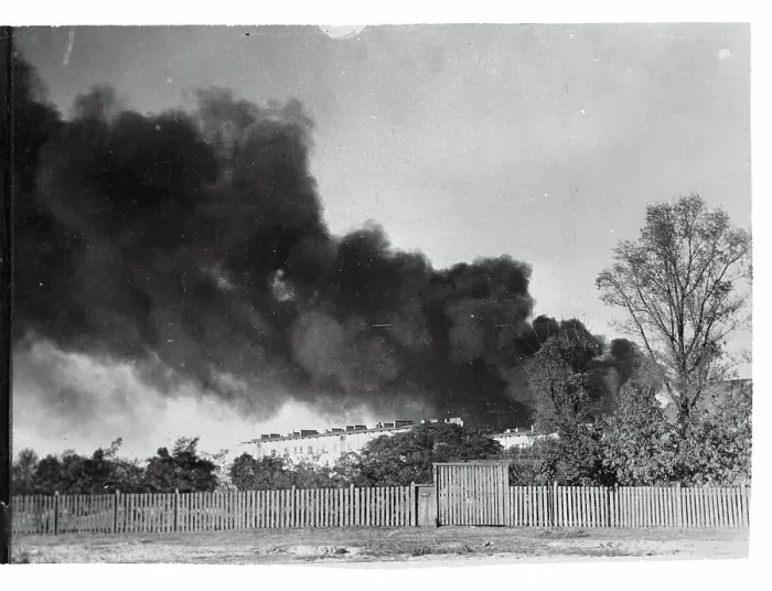 Framed Print : Buildings Blazing After Bombing Framed Print : Buildings Blazing After Bombing