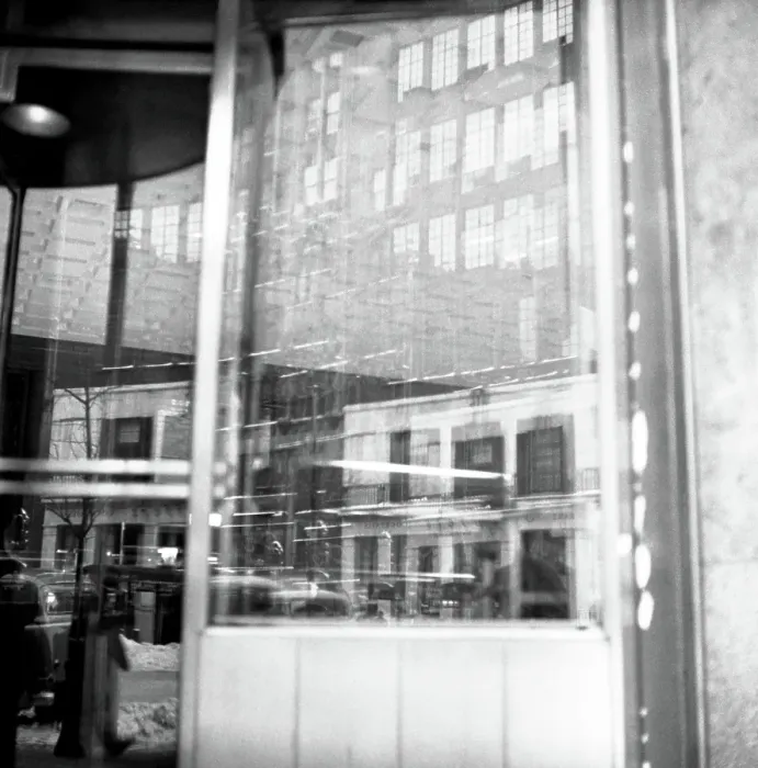 Framed Print : Buildings Reflected In Restaurant Window in 1950's Midtown NYC Framed Print : Buildings Reflected In Restaurant Window in 1950's Midtown NYC