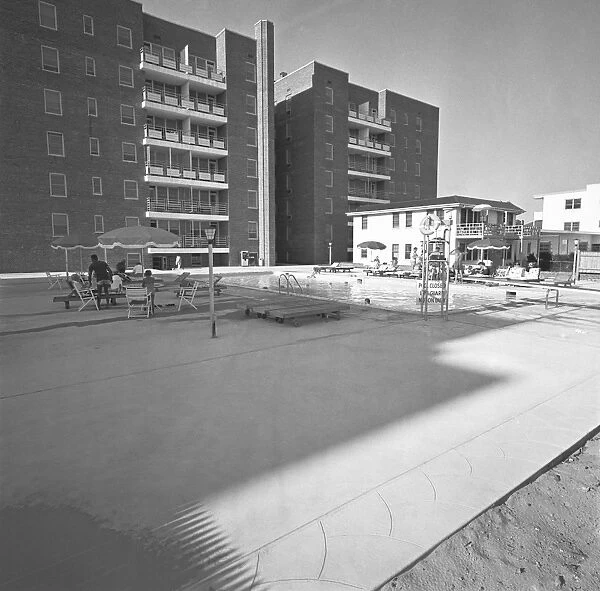 Buildings and swimming pool, (B&W)