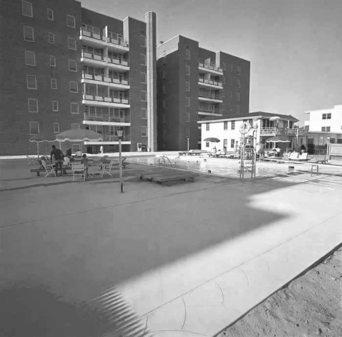 Framed Print : Buildings and swimming pool, (B&W) Framed Print : Buildings and swimming pool, (B&W)