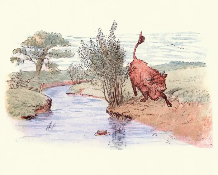 Framed Print : Bull chasing a straw hat down a stream Framed Print : Bull chasing a straw hat down a stream