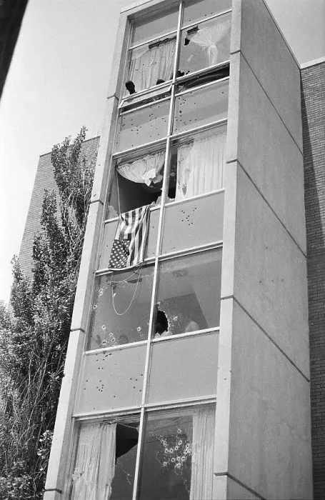 Framed Print : Bullet Holes in Dormitory Windows Framed Print : Bullet Holes in Dormitory Windows