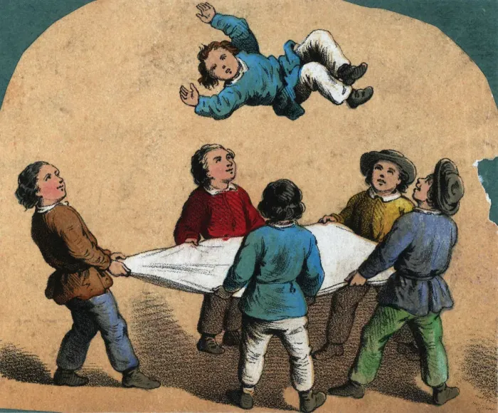 Framed Print : The Bumps. A group of boys using a sheet to toss