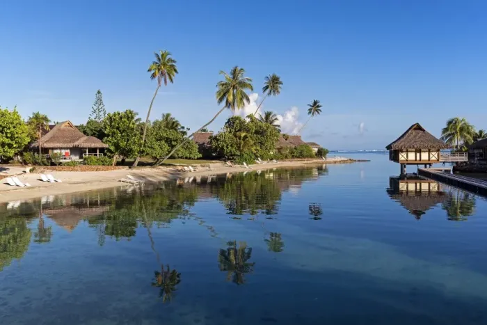 Framed Print : Bungalows, palm trees, lagoon, Moorea, French Polynesia