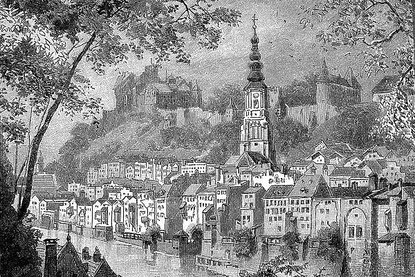 Burghausen, view of town, church and castle, Upper Bavaria, Germany, Historic, digital reproduction of an original 19th century painting