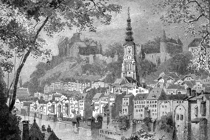 Framed Print : Burghausen, view of town, church and castle, Upper Bavaria, Germany, Historic, digital reproduction of an original 19th century painting Framed Print : Burghausen, view of town, church and castle, Upper Bavaria, Germany, Historic, digital reproduction of an original 19th century painting