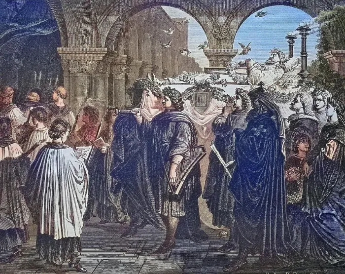 Framed Print : The Burial of Walter von der Vogelweide in Wuerzburg, Bavaria, Germany, 1230, historical engraving, 1869, Historical, digitally restored reproduction from a 19th century original, coloured, exact date unknown Framed Print : The Burial of Walter von der Vogelweide in Wuerzburg, Bavaria, Germany, 1230, historical engraving, 1869, Historical, digitally restored reproduction from a 19th century original, coloured, exact date unknown