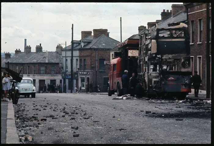 Framed Print : Burned Buses in Damaged Street Framed Print : Burned Buses in Damaged Street