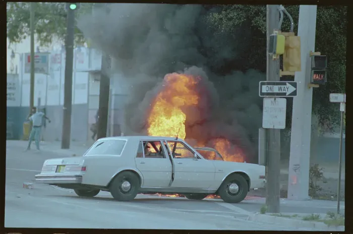 Framed Print : Burning Automobile Caused by Riots Framed Print : Burning Automobile Caused by Riots