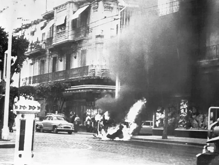 Framed Print : Burning Automobile During French Demonstration Framed Print : Burning Automobile During French Demonstration