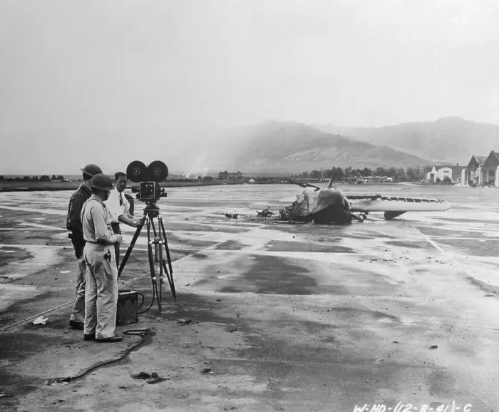 Framed Print : Burning Navy Plane Being Photographed Framed Print : Burning Navy Plane Being Photographed