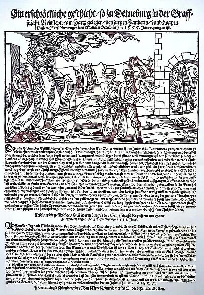 Burning of witches, leaflet from 1555, describing a witch burning in Regenstein am Harz, Germany, Historical, digitally restored reproduction from a 19th century original
