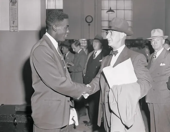 Framed Print : Burt Shotton Congratulating Jackie Robinson Framed Print : Burt Shotton Congratulating Jackie Robinson