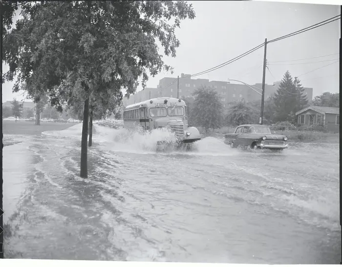 Framed Print : Bus and Car Driving Through Flooded Street Framed Print : Bus and Car Driving Through Flooded Street