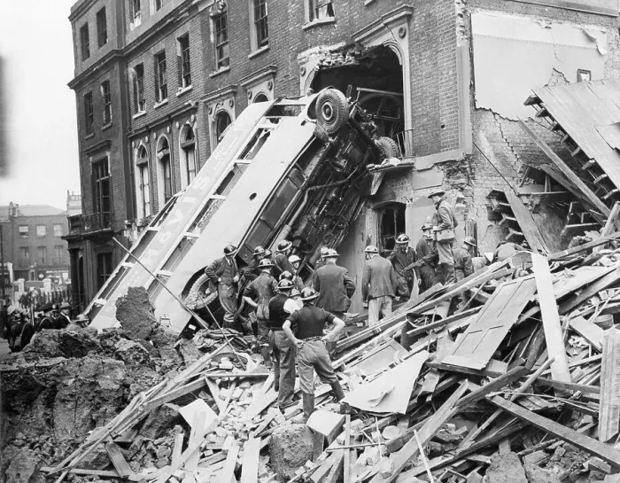 Framed Print : Bus Destroyed In Air Raid In London Framed Print : Bus Destroyed In Air Raid In London