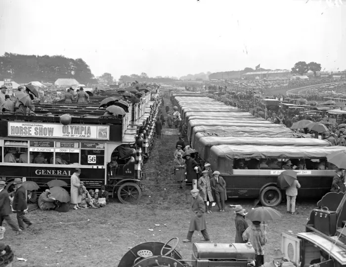 Framed Print : Bus Park. 5th June 1929: Buses and motor coaches parked at Epsom for the Derby horse race Framed Print : Bus Park. 5th June 1929: Buses and motor coaches parked at Epsom for the Derby horse race