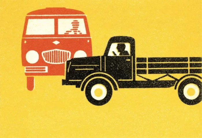 Framed Print : Bus and truck passing
