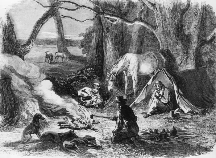 Framed Print : Bush Camp. 20th April 1850: Australians rest around their campfire in the Australian bush Framed Print : Bush Camp. 20th April 1850: Australians rest around their campfire in the Australian bush