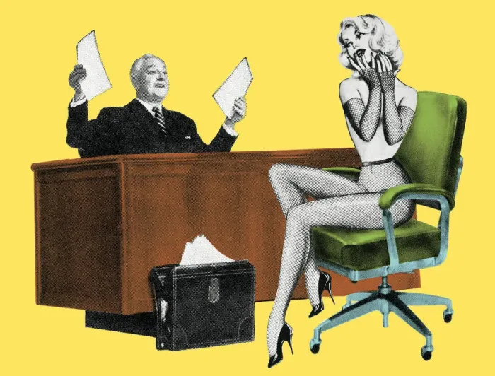 Framed Print : Business man with woman in fishnets Framed Print : Business man with woman in fishnets