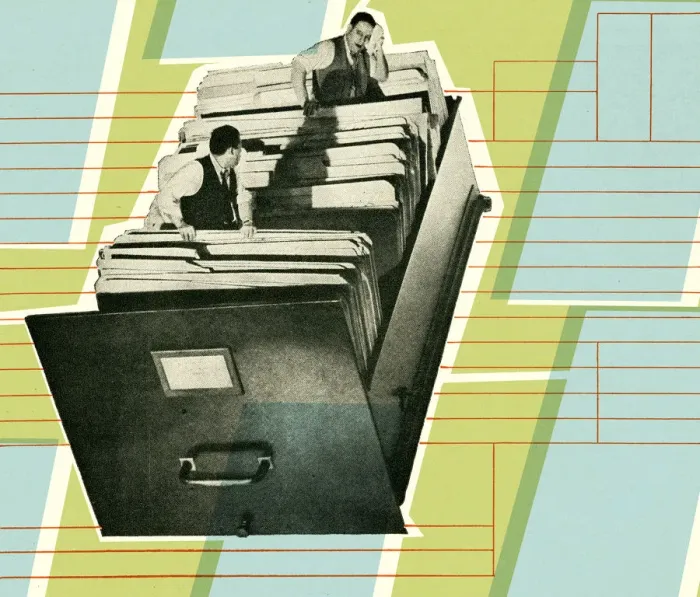 Framed Print : Businessmen Inside File Drawer Framed Print : Businessmen Inside File Drawer