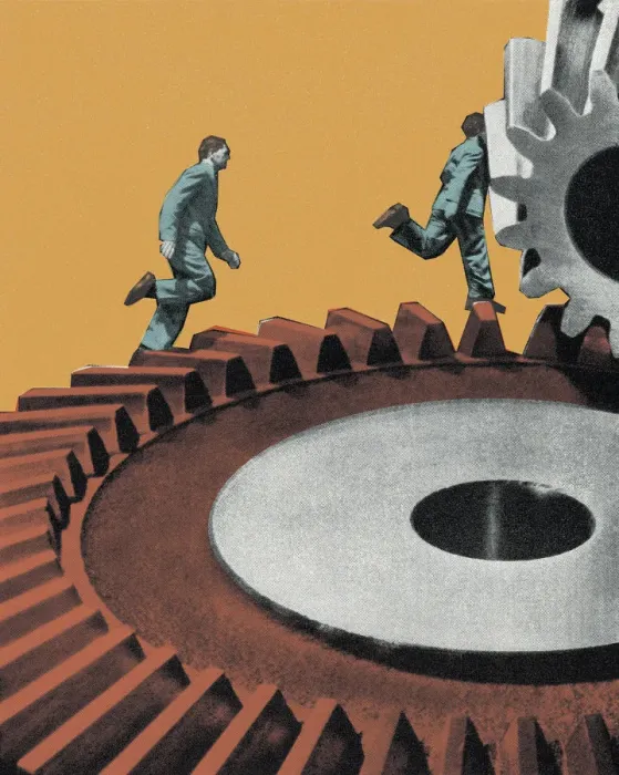 Framed Print : Businessmen Running on a Gear Framed Print : Businessmen Running on a Gear