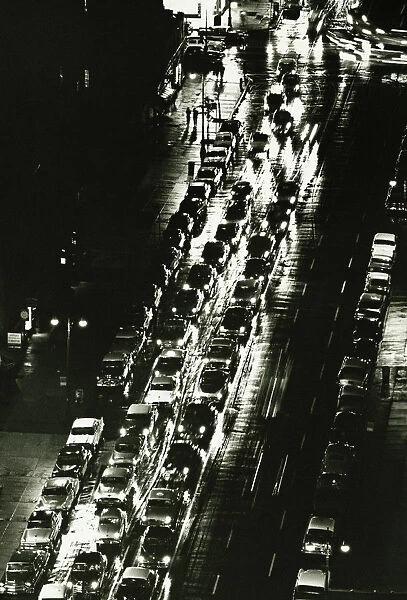 Busy city street at night, (B&W), (Aerial view)