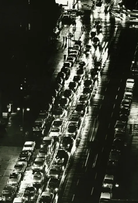 Framed Print : Busy city street at night, (B&W), (Aerial view)