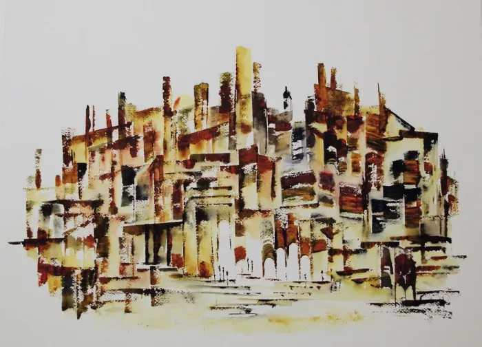 Framed Print : Busy town. Impression of a Tuscan hill town. Watercolour on Arches Framed Print : Busy town. Impression of a Tuscan hill town. Watercolour on Arches