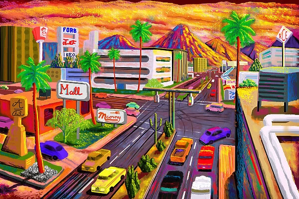 Busy Urban Road Sunset Illustration