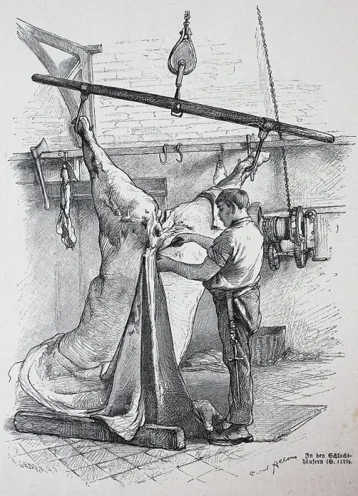 Framed Print : Butcher, Slaughterhouse in Berlin, Germany, Historical, digitally restored reproduction of an original from the 19th century