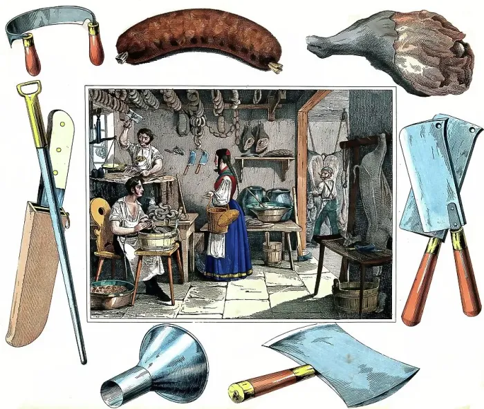 Framed Print : A butcher's shop, two butchers are working with knives and cleavers while another is making sausages, a woman has come to shop and is holding some money in her hand, all around vignettes with a sausage, a leg of pork and instruments of the butcher Framed Print : A butcher's shop, two butchers are working with knives and cleavers while another is making sausages, a woman has come to shop and is holding some money in her hand, all around vignettes with a sausage, a leg of pork and instruments of the butcher